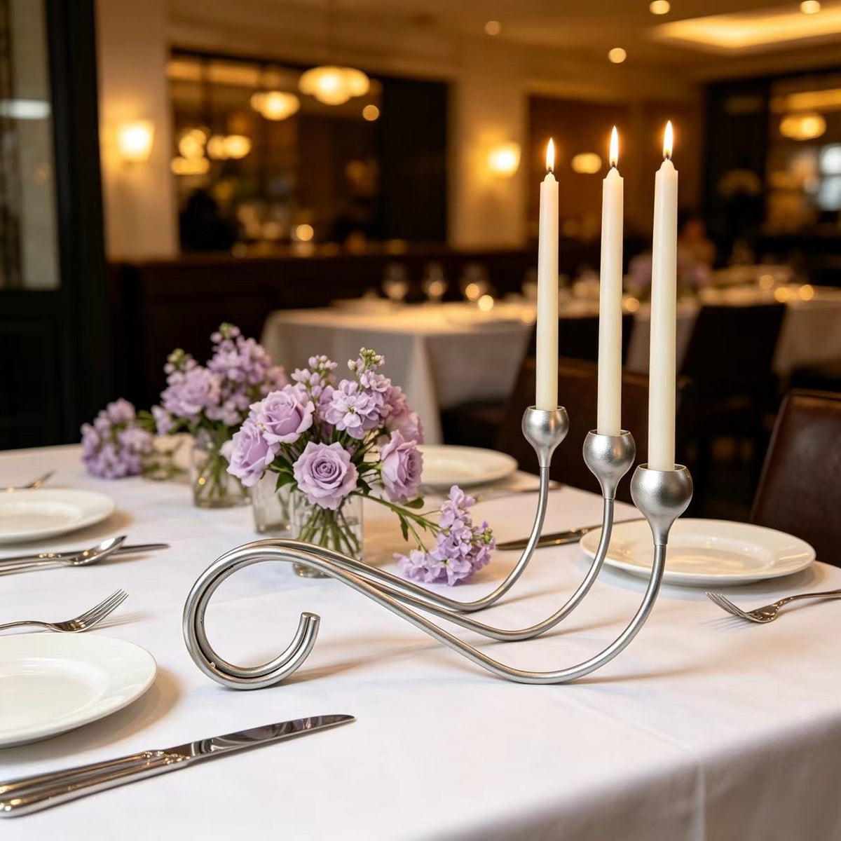Three Arm Silver Taper Candle Holder for Dining Table Decor