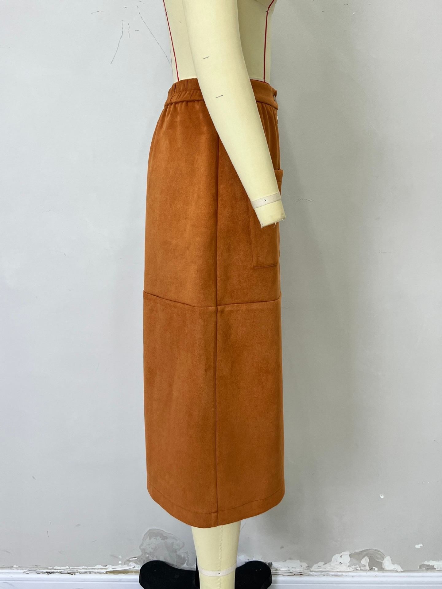 Corduroy Midi Skirt High Waist Button Front Brown A-Line