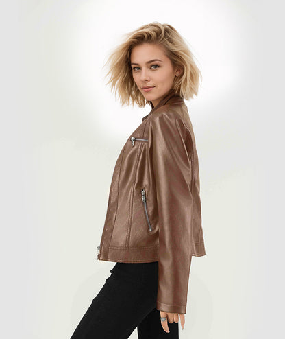 Slim Fit Faux Leather Moto Jacket for Women