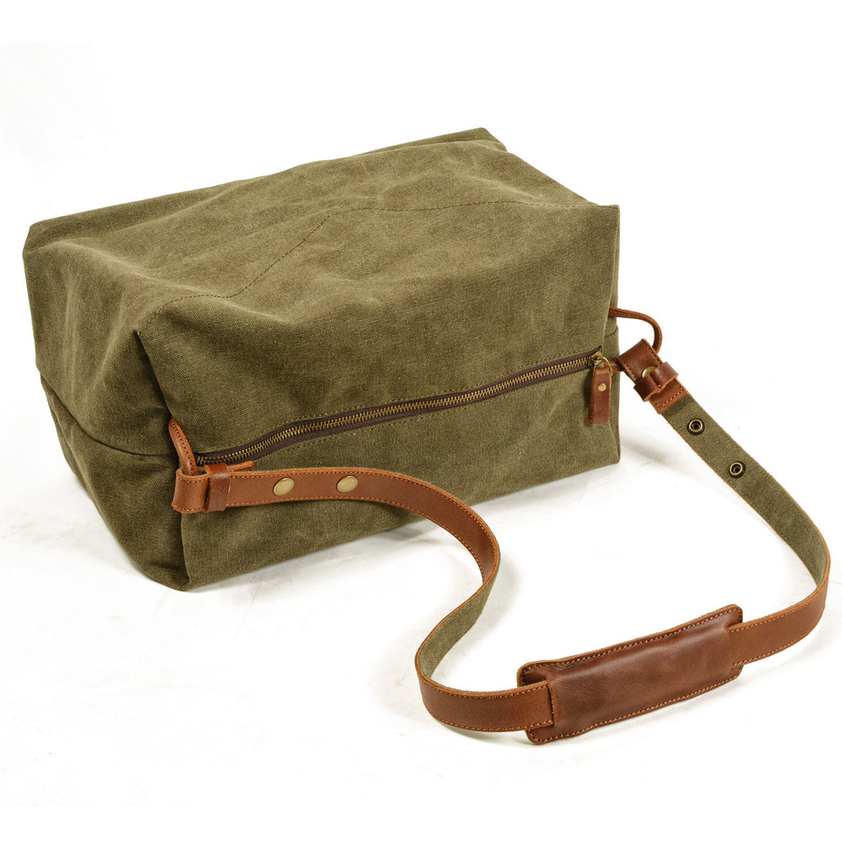 Canvas Shoulder Bag with Washed Finish and Cowhide Leather Strap