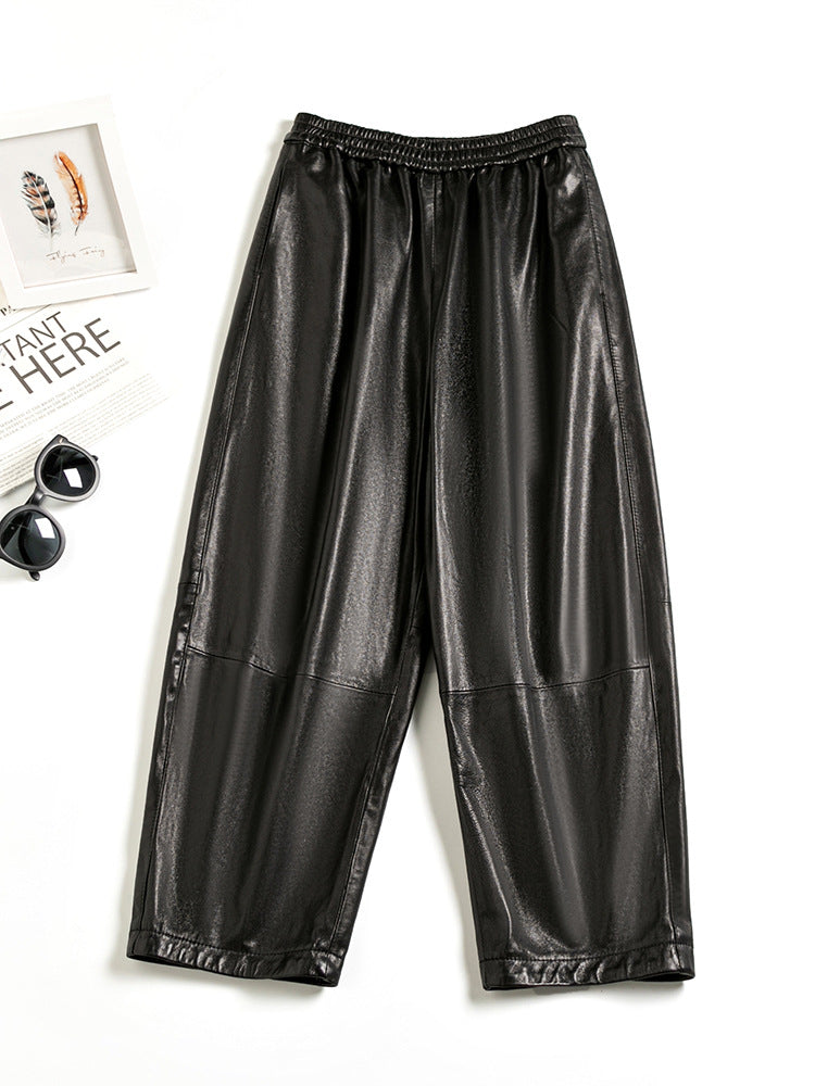 Women Black Genuine Leather Baggy Pants Loose Fit Wide Leg