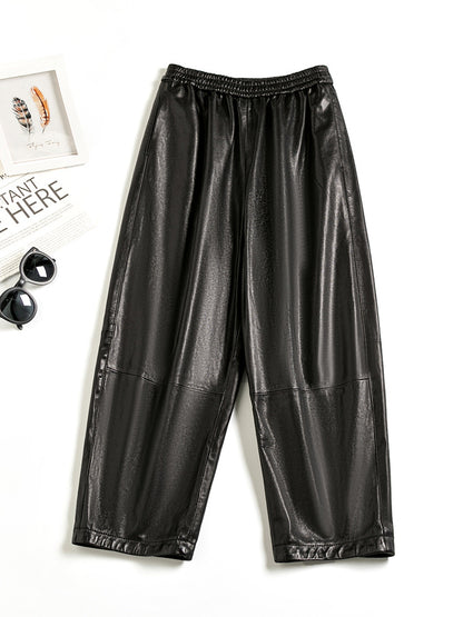 Women Black Genuine Leather Baggy Pants Loose Fit Wide Leg