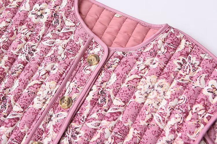 Women Floral Quilted Cotton Jacket Round Neck