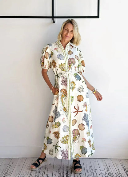 Sea print linen summer maxi dress for women