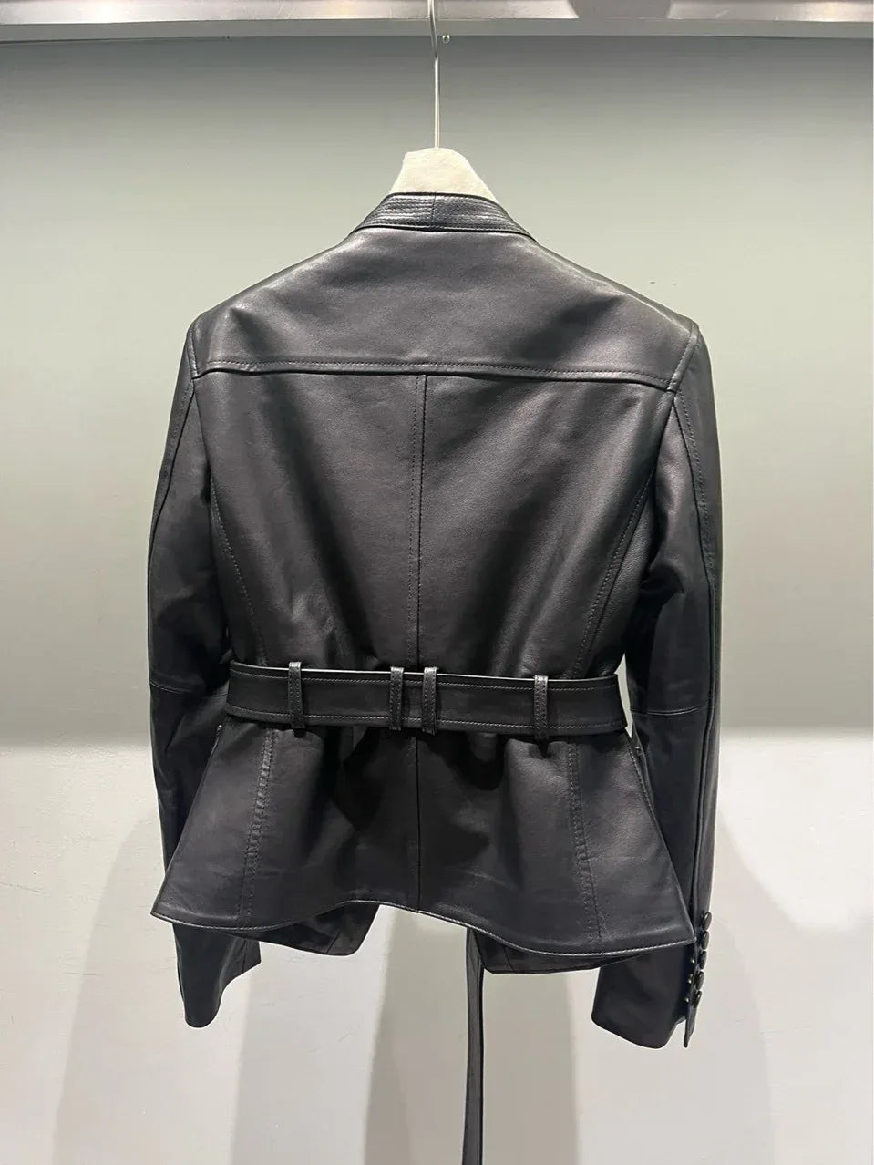 Women Leather Bomber Belted Jacket Black Moto Blazer for Women