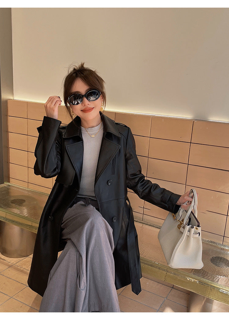 Women sheepskin leather trench coat jacket