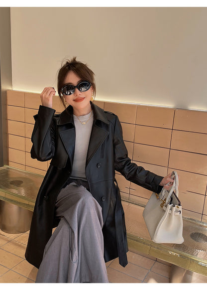 Women sheepskin leather trench coat jacket