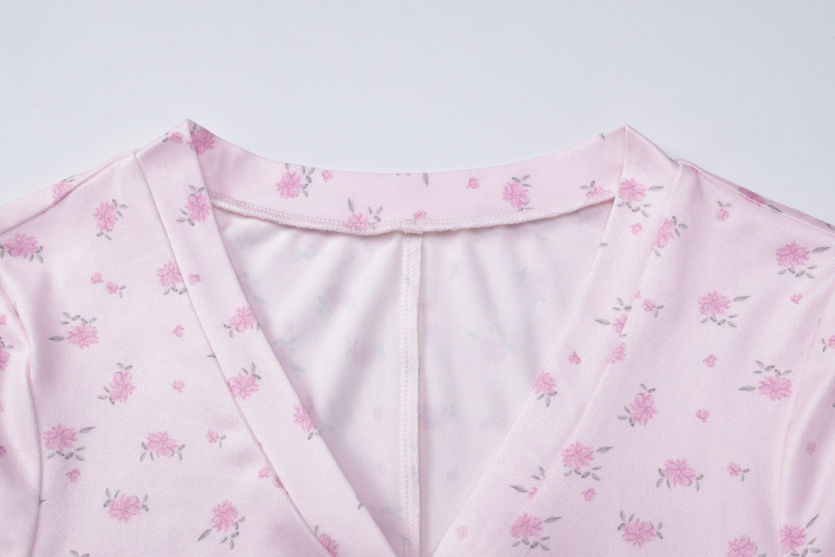 Pink Floral Slim Fit Short Sleeve V-Neck Button Jumpsuit for Women