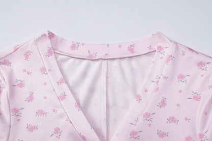 Pink Floral Slim Fit Short Sleeve V-Neck Button Jumpsuit for Women