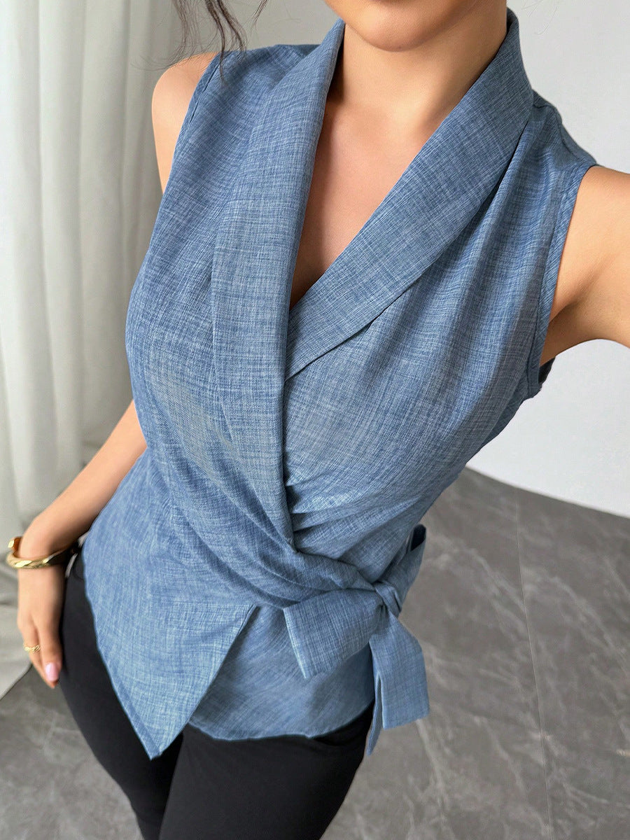 Women's Lapel Collar Wrap Crop Top Workwear Vest