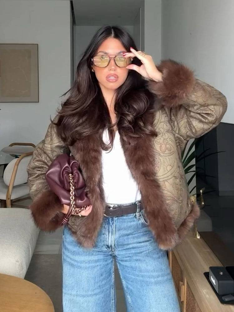 Embroidered reversible faux fur short coat