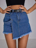 Asymmetrical denim mini skort with frayed hem