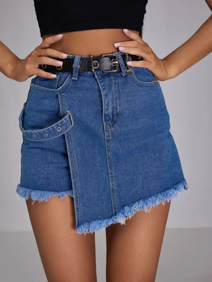 Asymmetrical denim mini skort with frayed hem