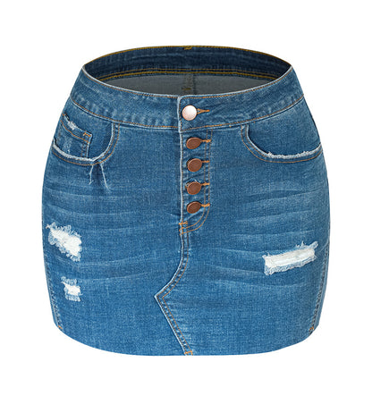 Ripped Washed Denim Mini Skirt with Multi-Button Front