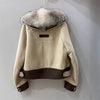 Women Real Fur Bomber Jacket Genuine Sheepskin with Fox Fur Collar