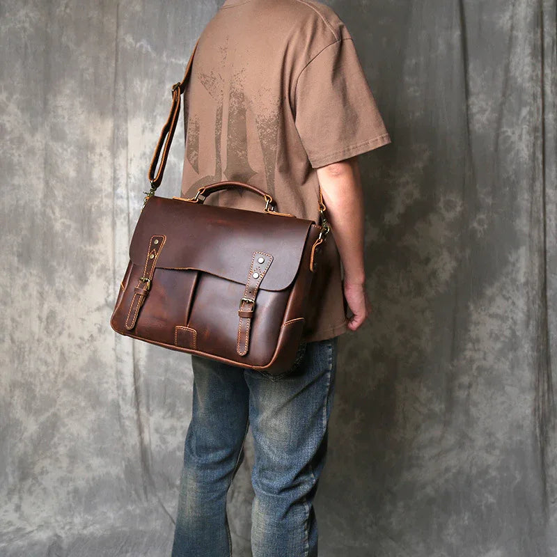 Leather messenger bag briefcase for men