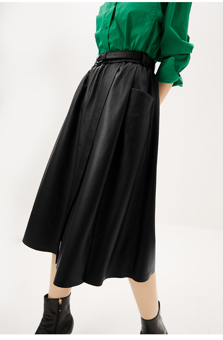 Sheepskin a-line leather midi skirt belt