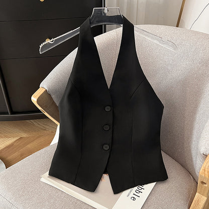 Women v neck halter office vest blazer top Black S