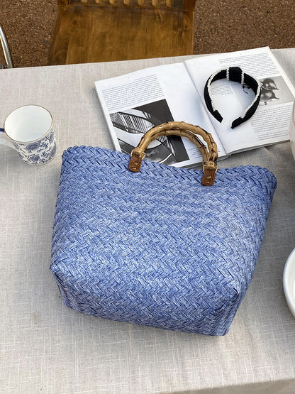 Woven Summer Tote Bag With Bamboo Handle