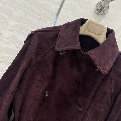 Women Cropped Suede Short Trench Jacket with Belt