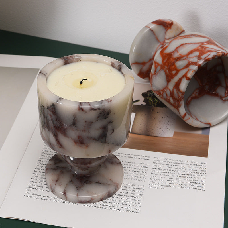 Natural Marble Goblet Candle Holder with Rounded Stem and Red Veining