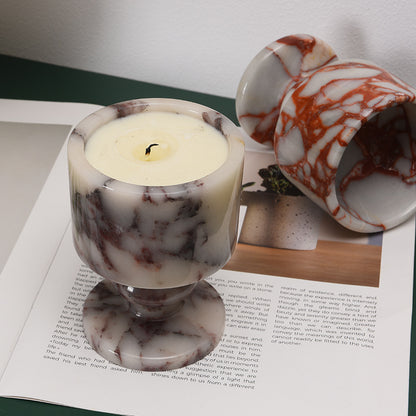 Natural Marble Goblet Candle Holder with Rounded Stem and Red Veining