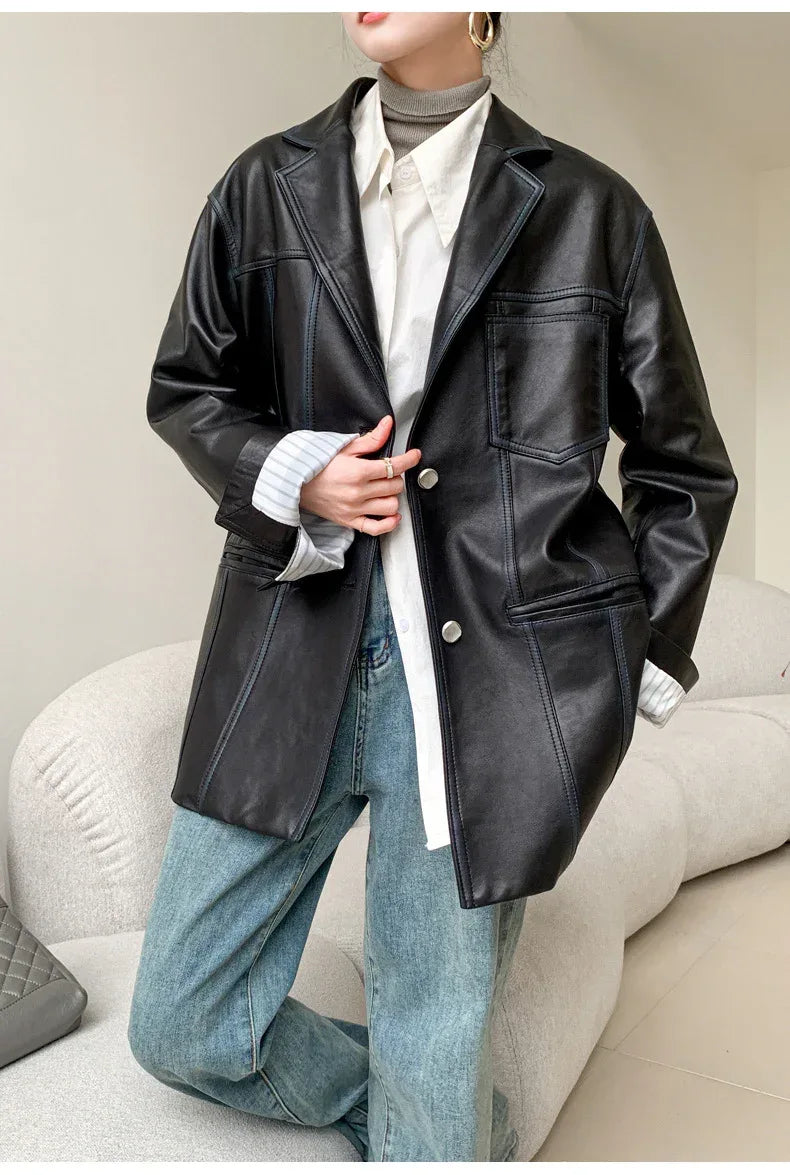 Women Oversized Genuine Leather Jacket Moto Blazer