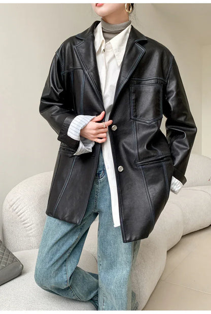 Women Oversized Genuine Leather Jacket Moto Blazer