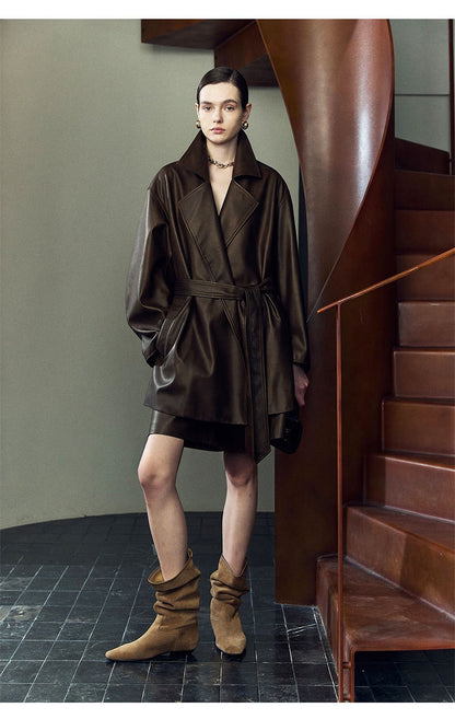 Women’s Oversized Leather Bomber Jacket Moto Trench Coat