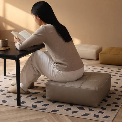 Round Faux Leather Pouf Ottoman Cover for Living Room Light Greyish Brown