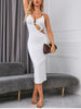 White cutout midi dress with ruched bust detail