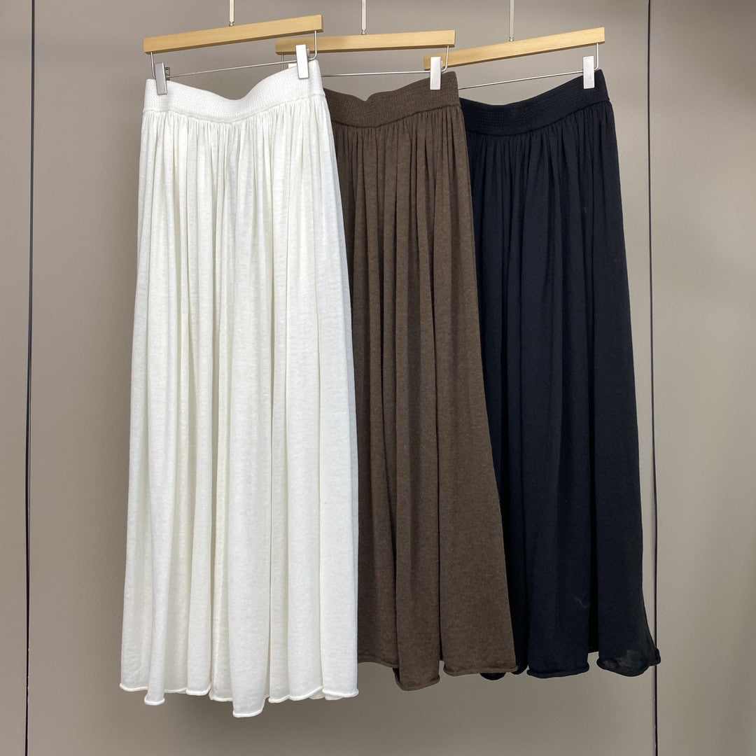 Women Wool Knit Midi Skirt Brown Elastic Waist Pleated Wool Skirt