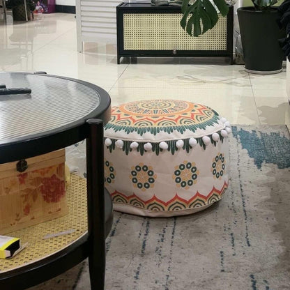 Pouffe Stool with Bohemian Geometric Print and Pom Pom Trim