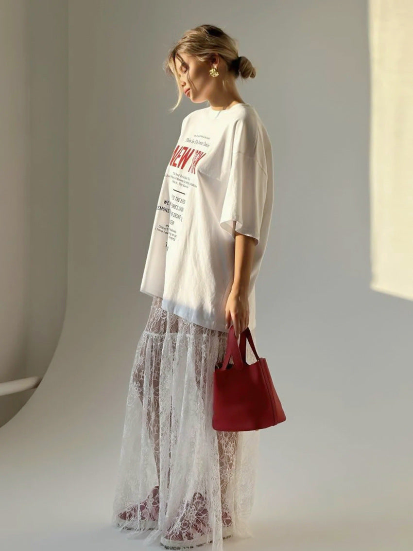 Women’s White Lace High Waist Midi Skirt