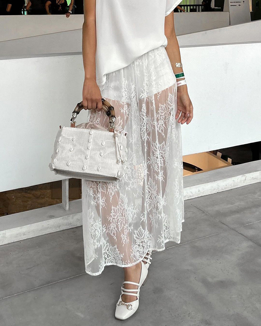 Women’s White Lace Jacquard Midi Skirt  See-Through