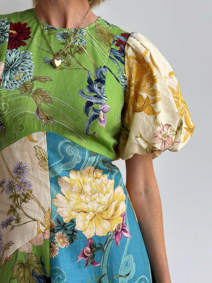 Floral patchwork linen women summer dress