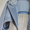 Women Beaded Fringe Tassels Rivet Denim Cropped Jacket