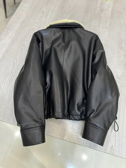 Leather bomber jacket for women with wool fur collar
