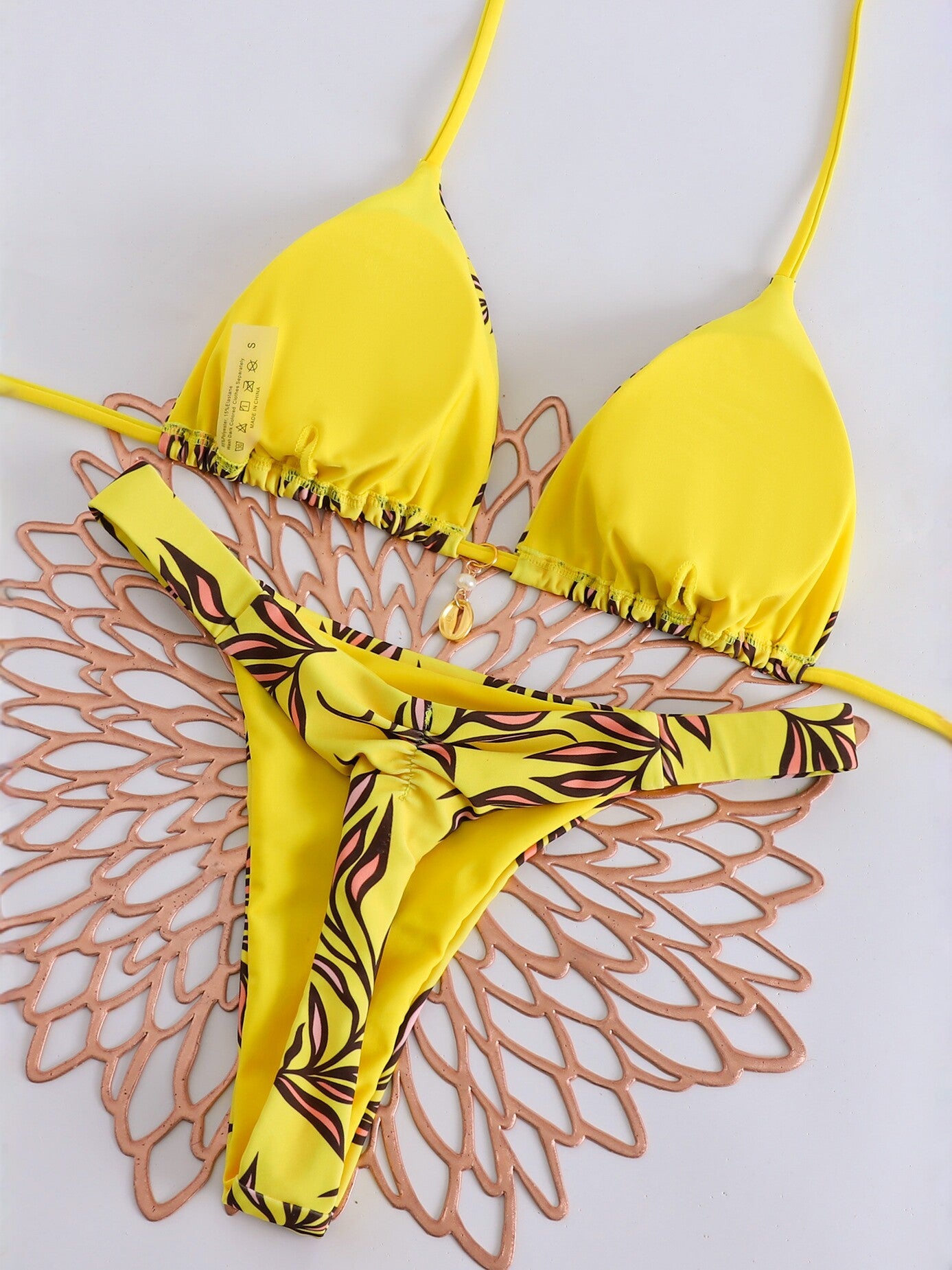 Yellow Tropical Print Two Piece Bikini Set