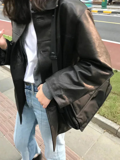 Women Genuine Leather Jacket Oversized Mid-Length Bomber Coat