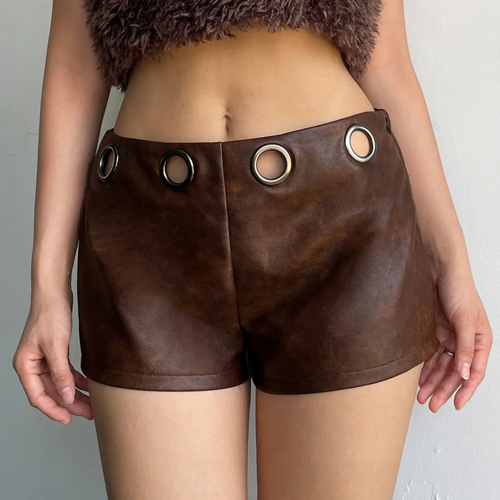 Women faux leather low rise ring-waist shorts