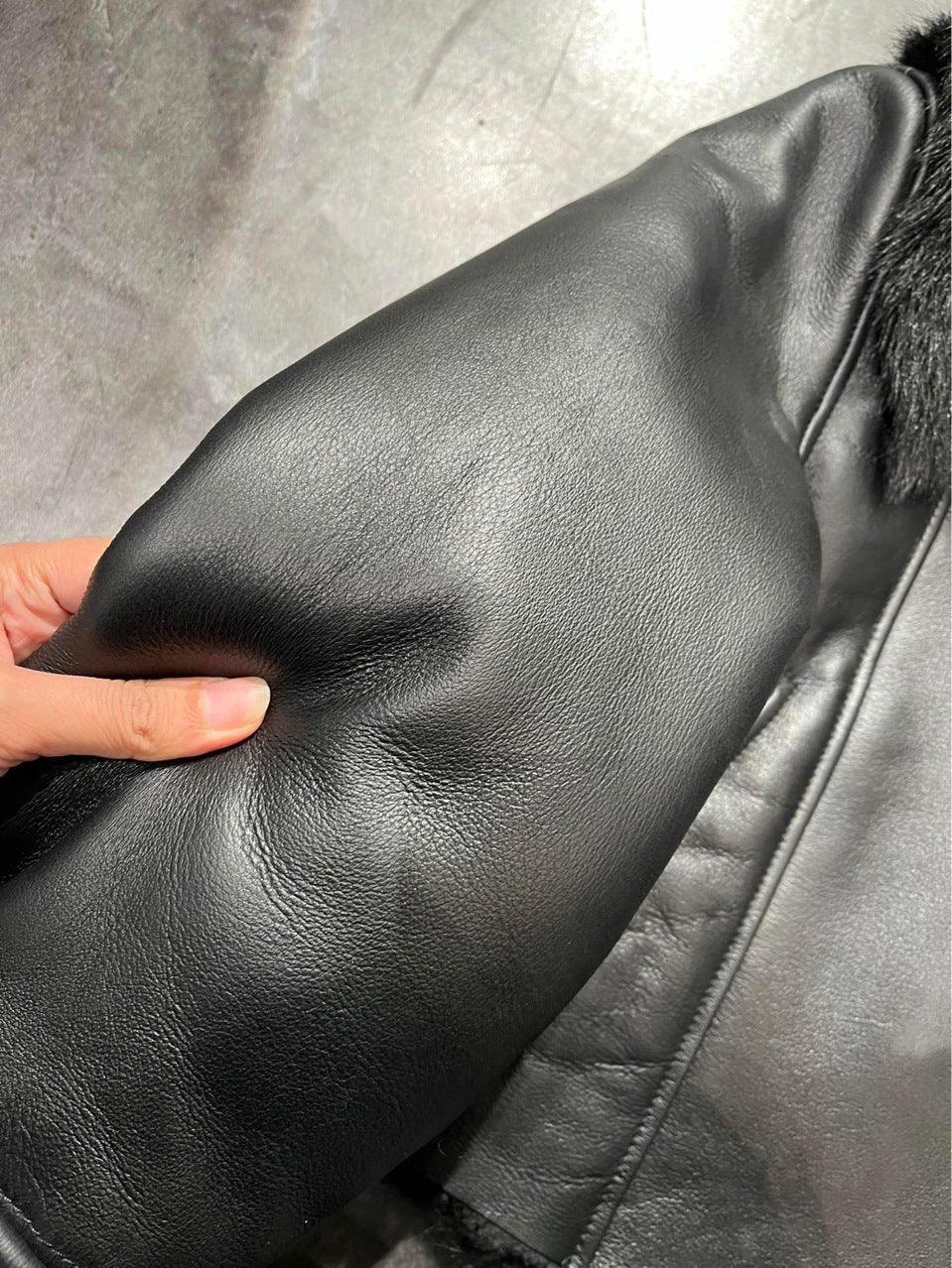 Women’s Genuine Leather Bomber Jacket with Shearling Fur Collar