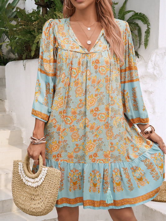 Short Flowy Dress with Tassel Neckline