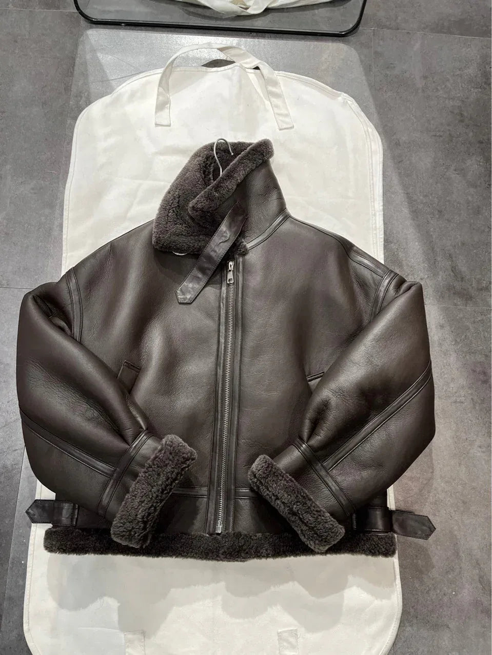 Women Leather Bomber Jacket with Real Fur Lining