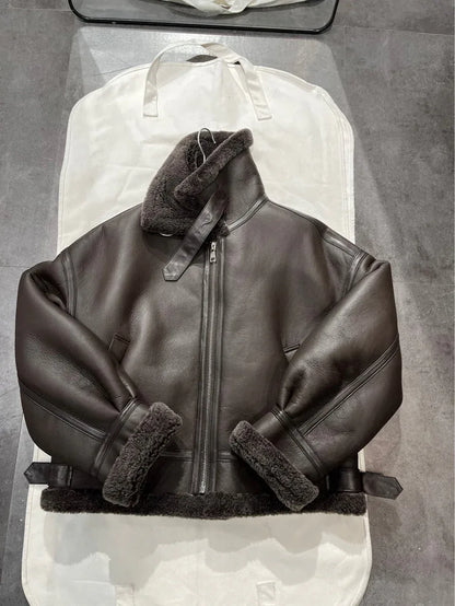 Women Leather Bomber Jacket with Real Fur Lining