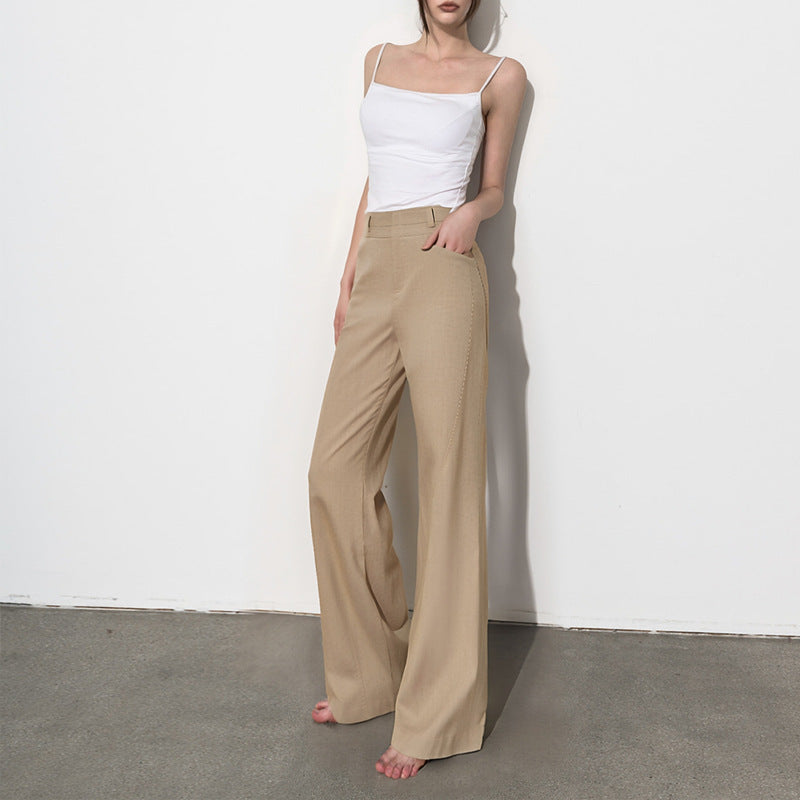 Beige high waist wide leg trousers women