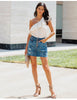 Ripped Washed Denim Mini Skirt with Multi-Button Front