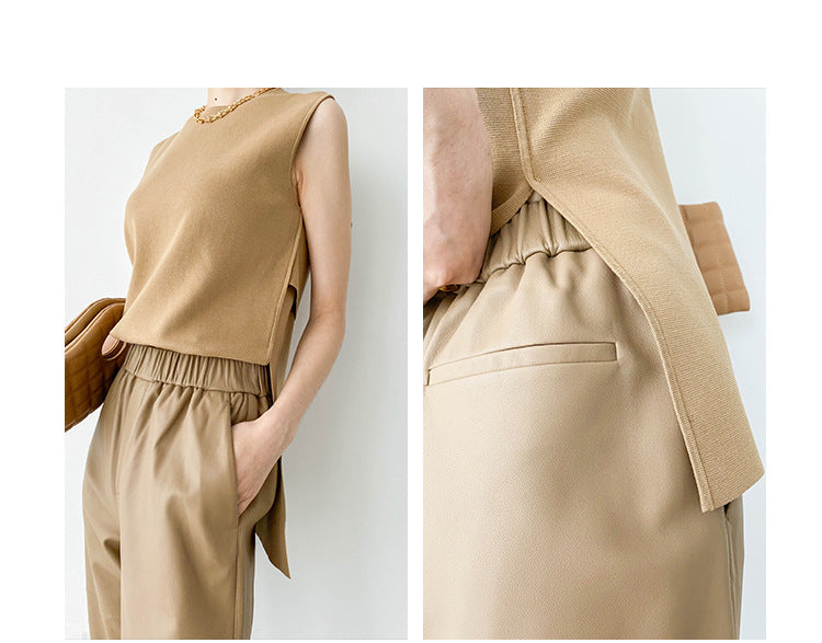 Women Italian Leather Carrot Pants Cropped Straight Leg Elastic Waist