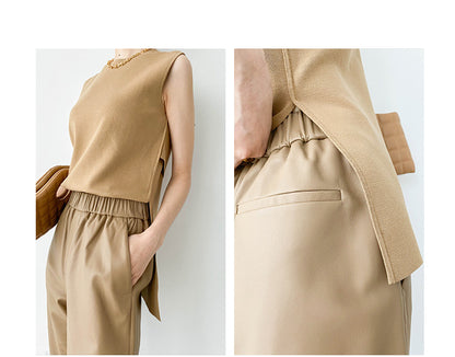 Women Italian Leather Carrot Pants Cropped Straight Leg Elastic Waist