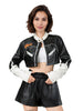Black and White Cropped Faux Leather Biker Jacket for Women